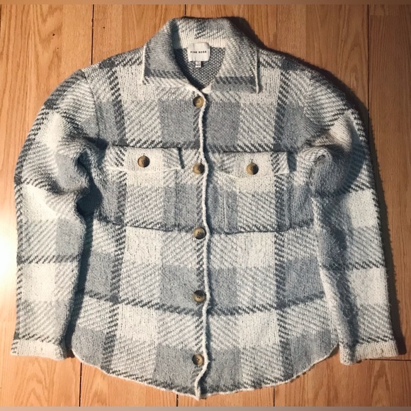 Pink Rose Recycled Poly Knit Button Up Sweater / Shacket Women’s L Gray Plaid - Picture 1 of 12